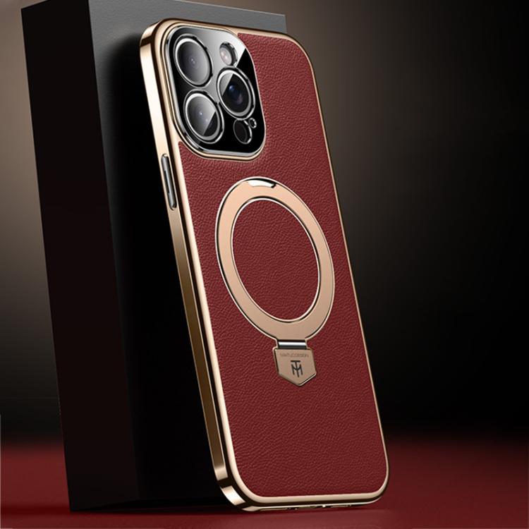 For iPhone 14 Pro Plain Leather MagSafe Holder Phone Case