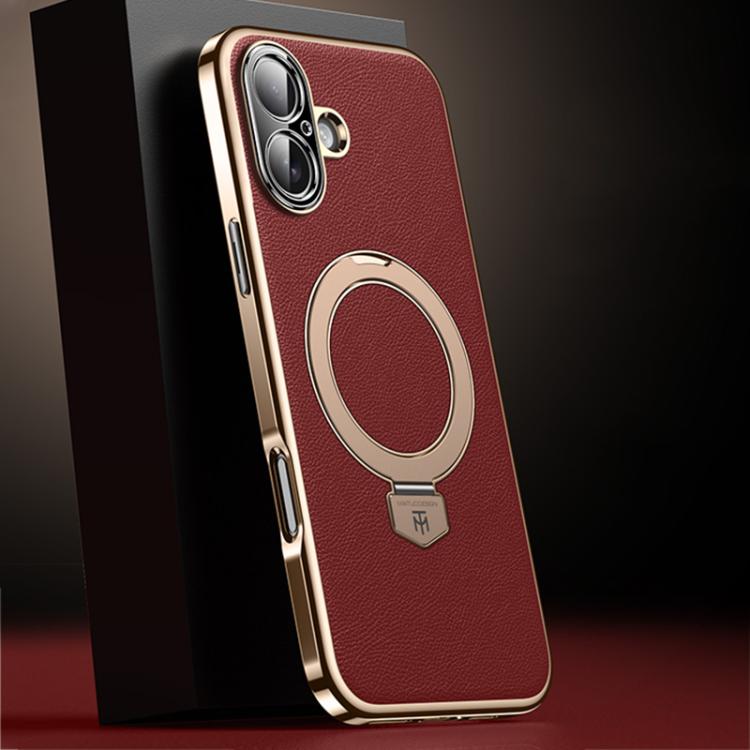 For iPhone 16 Plain Leather MagSafe Holder Phone Case