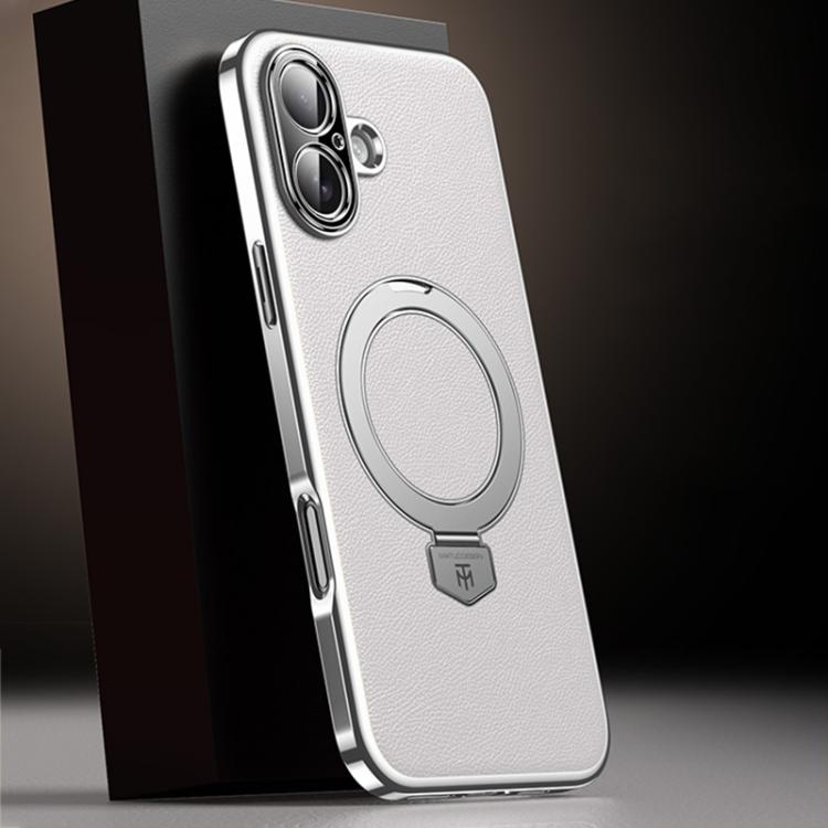 For iPhone 16 Plain Leather MagSafe Holder Phone Case
