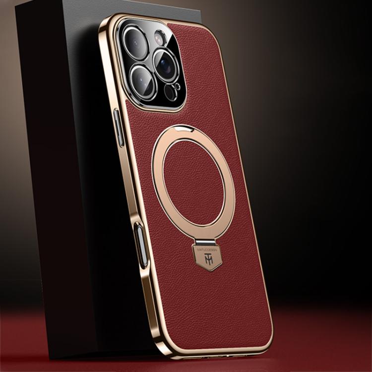 For iPhone 16 Pro Plain Leather MagSafe Holder Phone Case