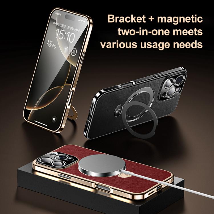For iPhone 14 Pro Plain Leather MagSafe Holder Phone Case