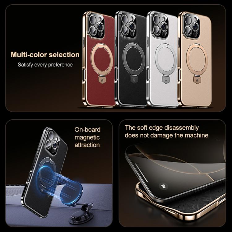 For iPhone 16 Pro Plain Leather MagSafe Holder Phone Case