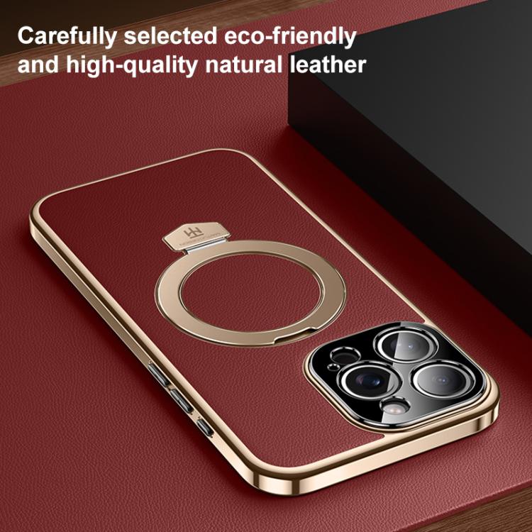 For iPhone 14 Pro Plain Leather MagSafe Holder Phone Case