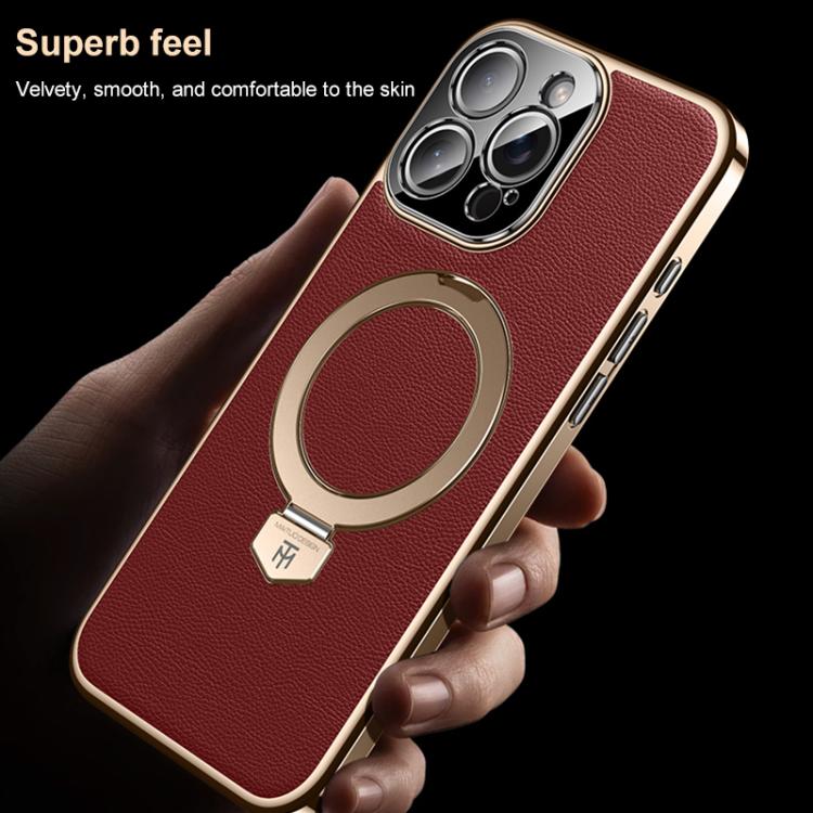 For iPhone 14 Pro Plain Leather MagSafe Holder Phone Case