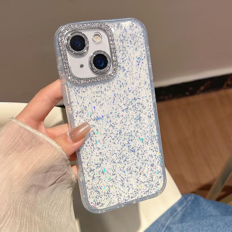 For iPhone 14 Glitter Foil Diamond-encrusted Camera Frame TPU + IMD Phone Case