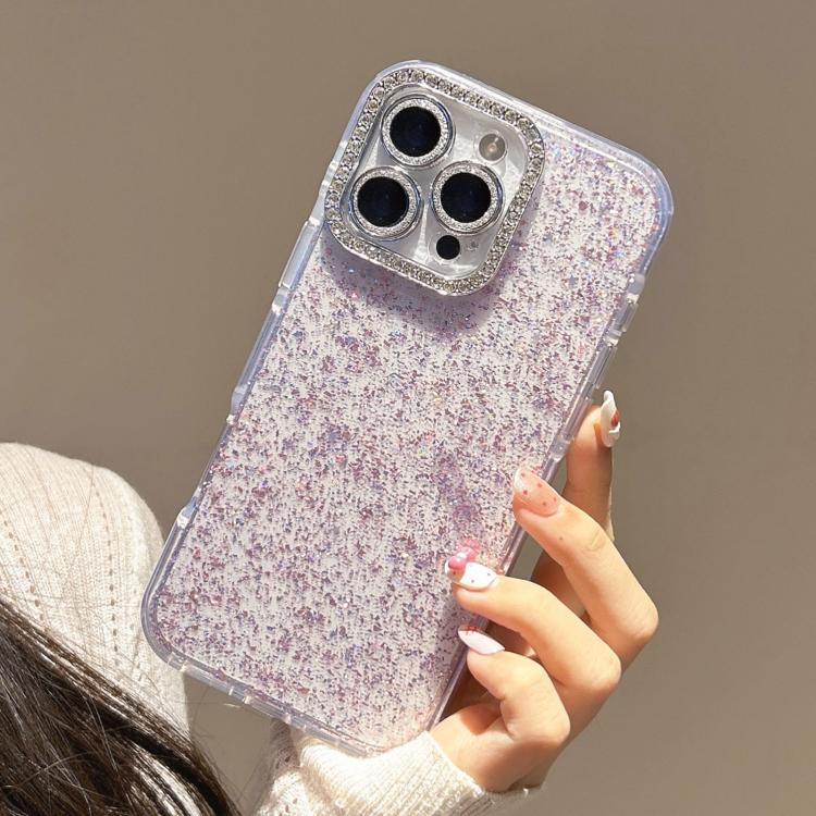 For iPhone 16 Pro Max Glitter Foil Diamond-encrusted Camera Frame TPU + IMD Phone Case