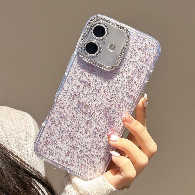 For iPhone 16 Glitter Foil Diamond-encrusted Camera Frame TPU + IMD Phone Case