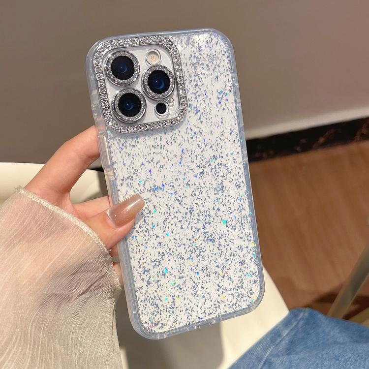 For iPhone 14 Pro Glitter Foil Diamond-encrusted Camera Frame TPU + IMD Phone Case