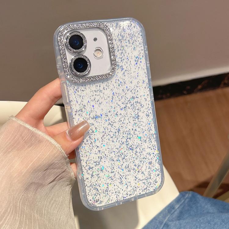 For iPhone 12 Glitter Foil Diamond-encrusted Camera Frame TPU + IMD Phone Case