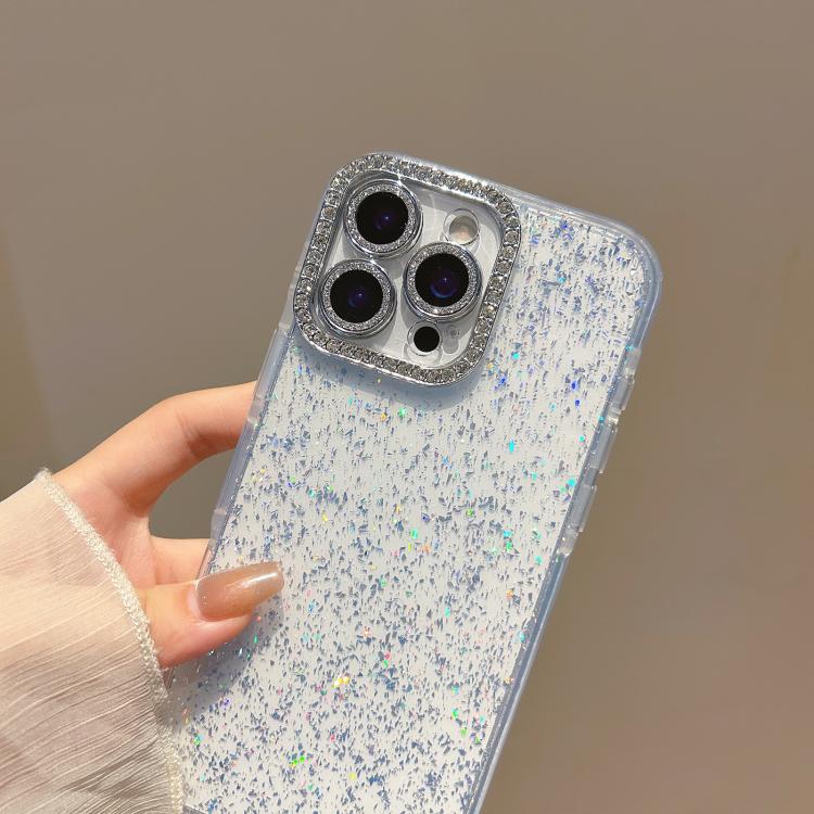 For iPhone 14 Plus Glitter Foil Diamond-encrusted Camera Frame TPU + IMD Phone Case