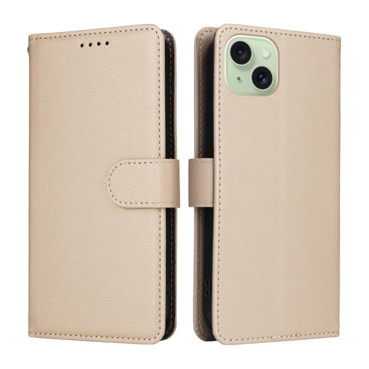 For iPhone 15 Litchi Texture RFID Blocking 3-Card Wallet Leather Phone Case