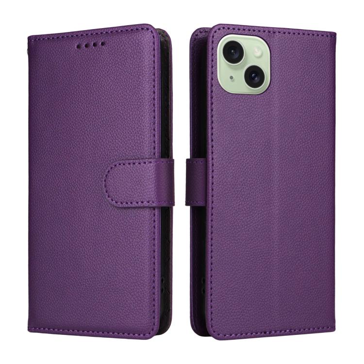 For iPhone 15 Litchi Texture RFID Blocking 3-Card Wallet Leather Phone Case