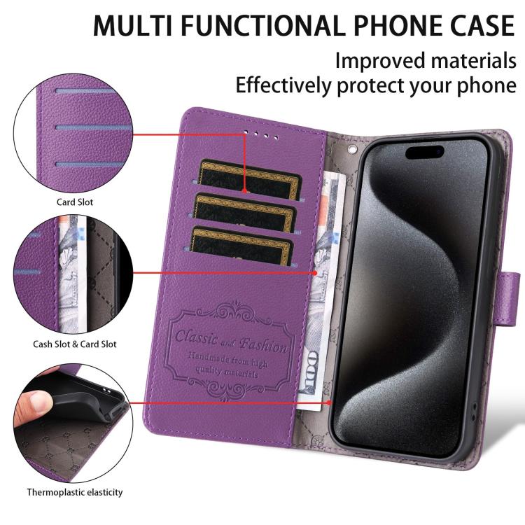 For iPhone 15 Litchi Texture RFID Blocking 3-Card Wallet Leather Phone Case