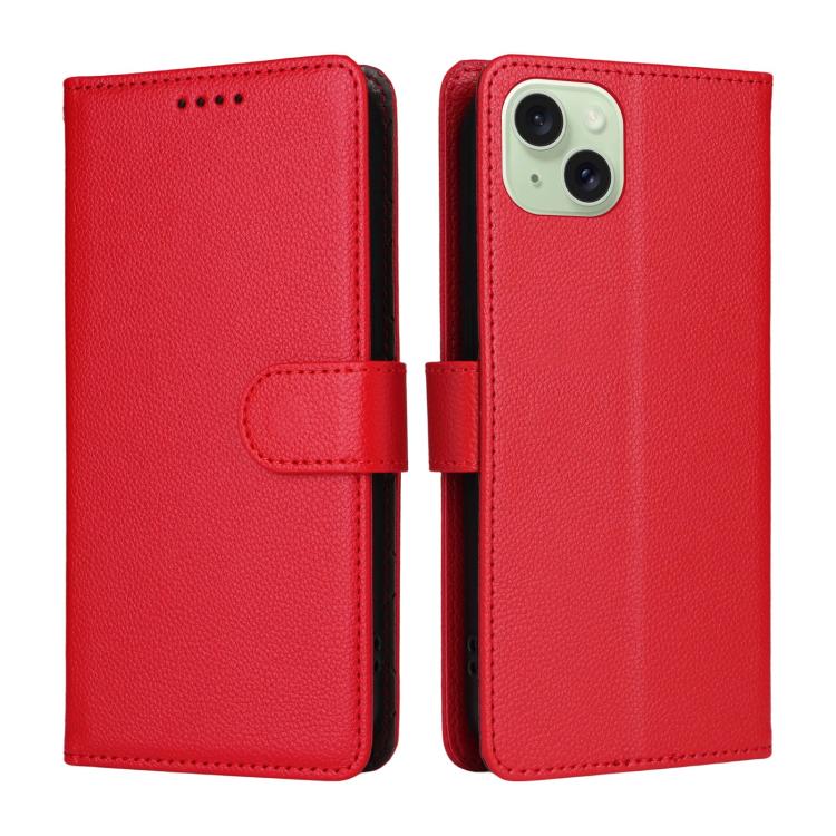 For iPhone 15 Litchi Texture RFID Blocking 3-Card Wallet Leather Phone Case