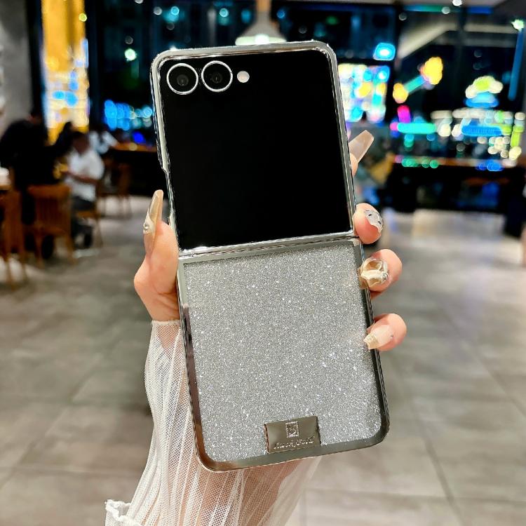 For Samsung Galaxy Z Flip5 Plating Frame Glitter Paper Nameplate Full Coverage Phone Case