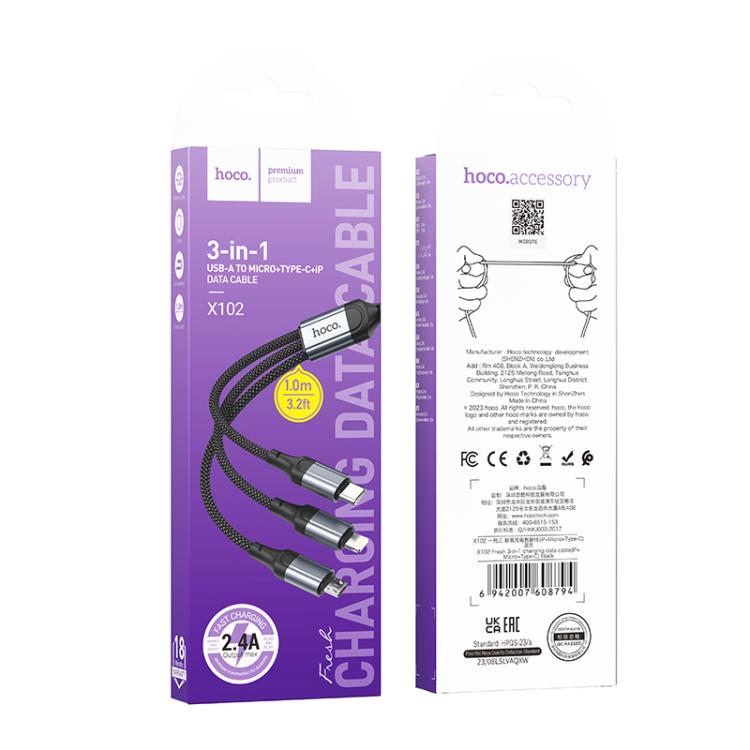 hoco X102 Fresh 3 in 1 Charging Data Cable, Length: 1m - Black