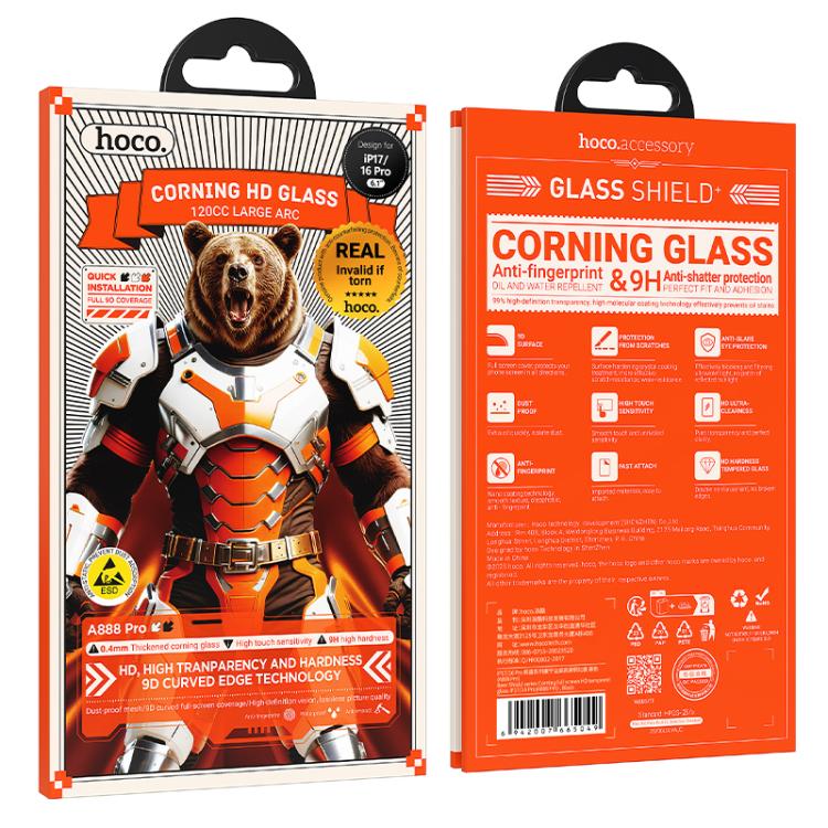 For iPhone 17 / 16 Pro hoco A888 Pro Bear Shield Series Corning Full Screen HD Tempered Glass Film
