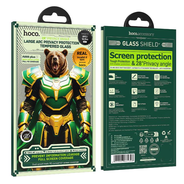 For iPhone 17 / 16 Pro hoco A888 Plus Bear Shield Series Full Screen Anti-spy Tempered Glass Film