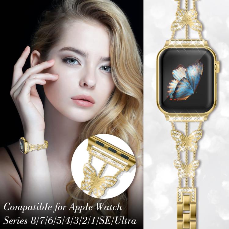 For Apple Watch 42 / 44 / 45 / 46 / 49mm xDfind Butterfly-shaped Diamond Metal Watch Band