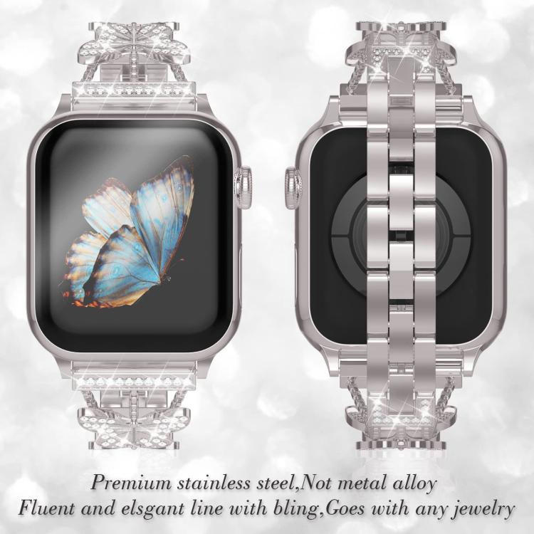 For Apple Watch 42 / 44 / 45 / 46 / 49mm xDfind Butterfly-shaped Diamond Metal Watch Band