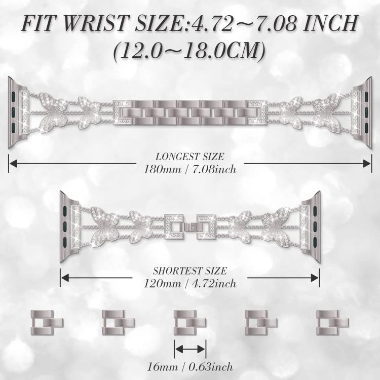 For Apple Watch 42 / 44 / 45 / 46 / 49mm xDfind Butterfly-shaped Diamond Metal Watch Band