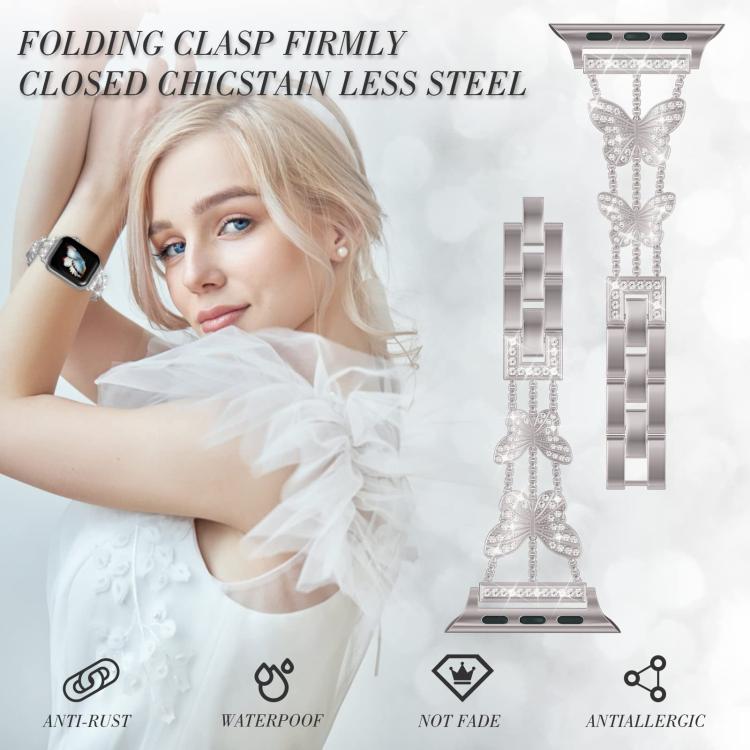 For Apple Watch 42 / 44 / 45 / 46 / 49mm xDfind Butterfly-shaped Diamond Metal Watch Band