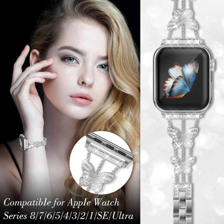 For Apple Watch 42 / 44 / 45 / 46 / 49mm xDfind Butterfly-shaped Diamond Metal Watch Band