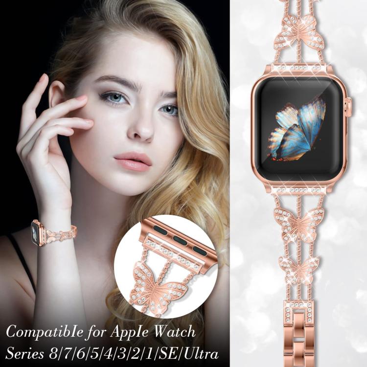 For Apple Watch 38 / 40 / 41 / S10 42mm xDfind Butterfly-shaped Diamond Metal Watch Band
