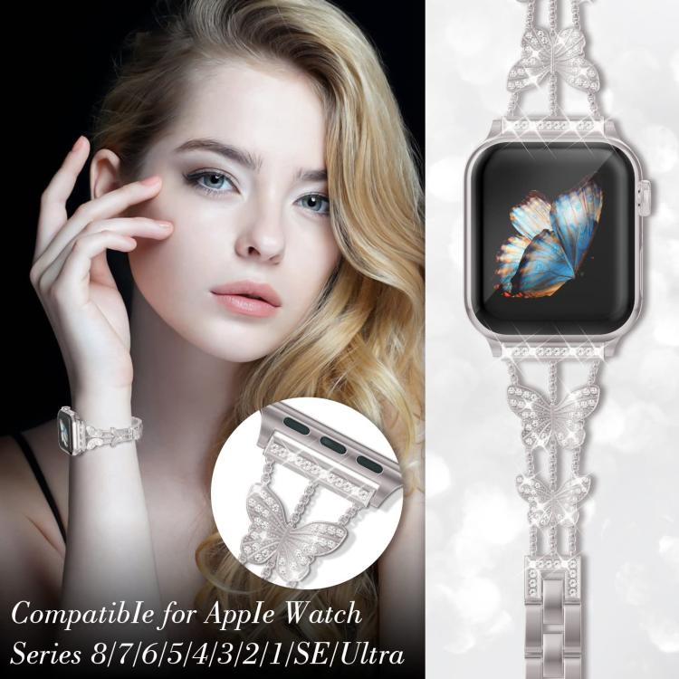 For Apple Watch 38 / 40 / 41 / S10 42mm xDfind Butterfly-shaped Diamond Metal Watch Band