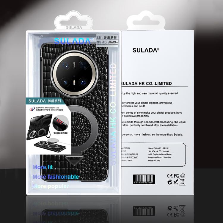 For Huawei Mate 60 Pro SULADA Crocodile Texture Cowhide MagSafe Holder Smart Window Phone Case