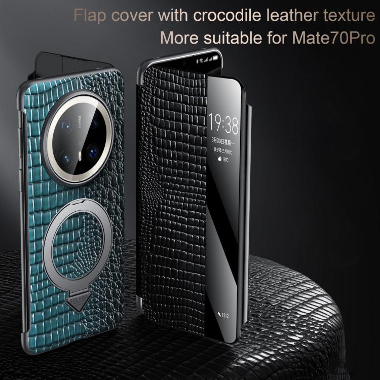 For Huawei Mate 60 Pro SULADA Crocodile Texture Cowhide MagSafe Holder Smart Window Phone Case