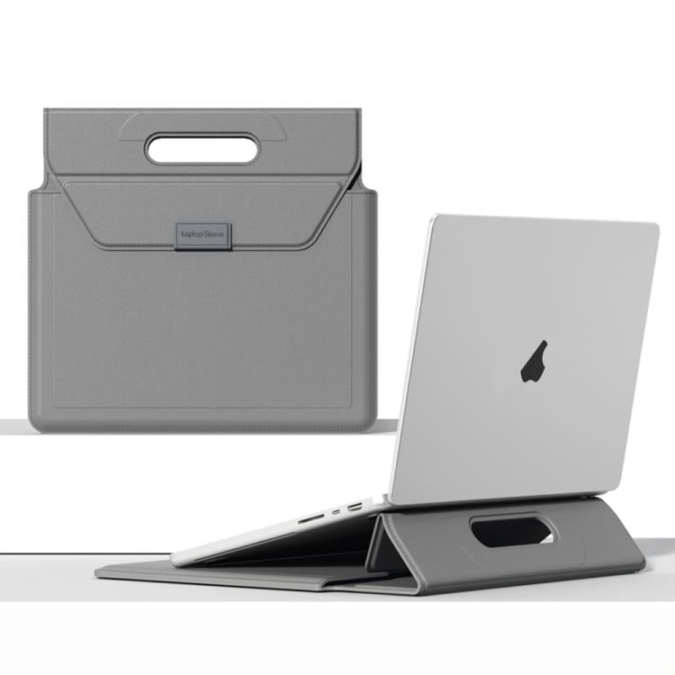 For 13 / 14 inch Handle Portable Laptop Briefcase PU Leather Laptop Sleeve with Foldable Stand