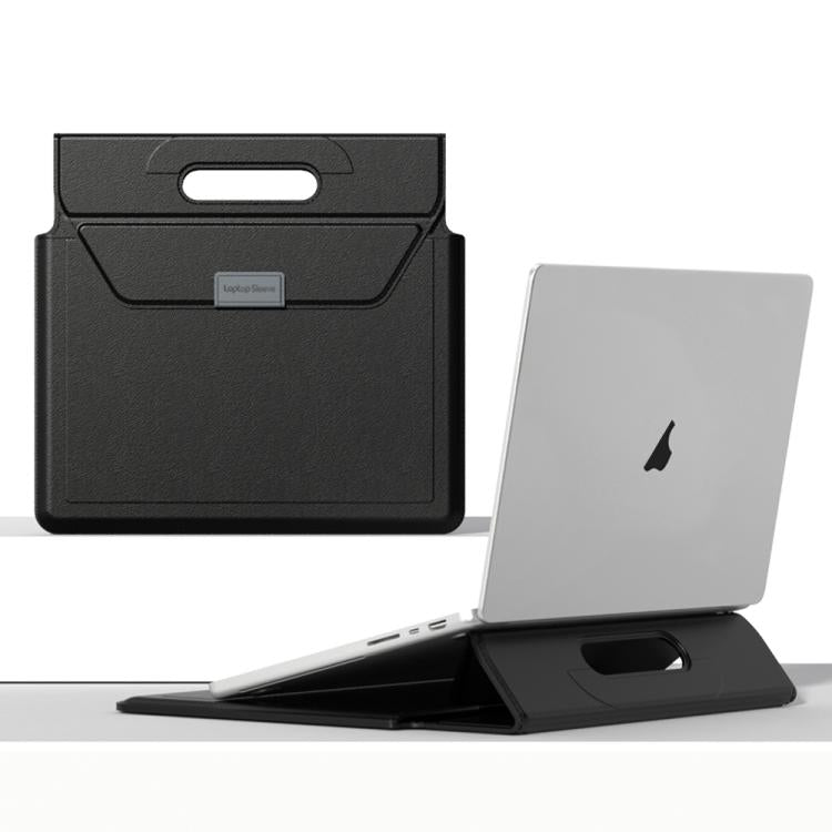 For 13 / 14 inch Handle Portable Laptop Briefcase PU Leather Laptop Sleeve with Foldable Stand