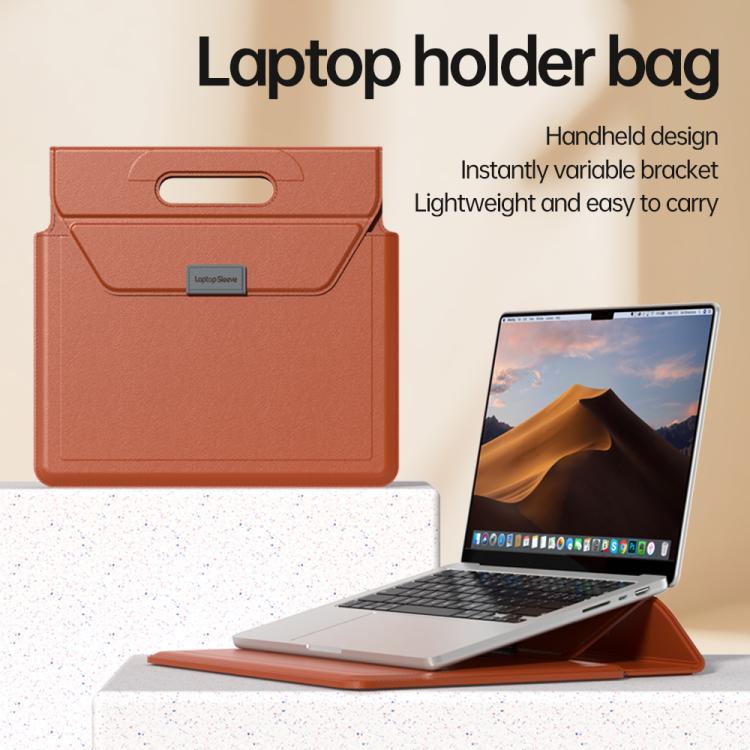 For 13 / 14 inch Handle Portable Laptop Briefcase PU Leather Laptop Sleeve with Foldable Stand