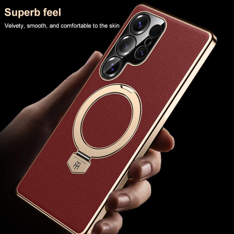 For Samsung Galaxy S23 Ultra 5G Plain Leather MagSafe Holder Phone Case