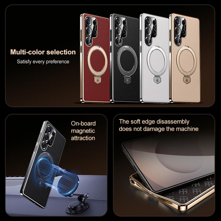 For Samsung Galaxy S23 Ultra 5G Plain Leather MagSafe Holder Phone Case