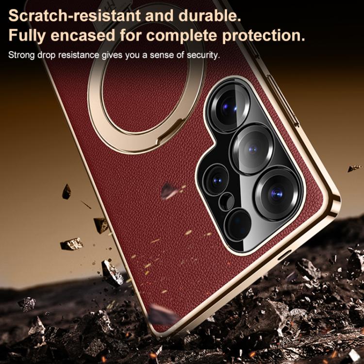 For Samsung Galaxy S23 Ultra 5G Plain Leather MagSafe Holder Phone Case
