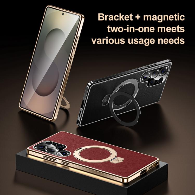 For Samsung Galaxy S23 Ultra 5G Plain Leather MagSafe Holder Phone Case