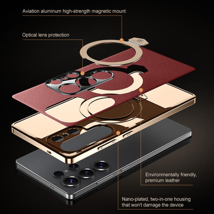 For Samsung Galaxy S23 Ultra 5G Plain Leather MagSafe Holder Phone Case