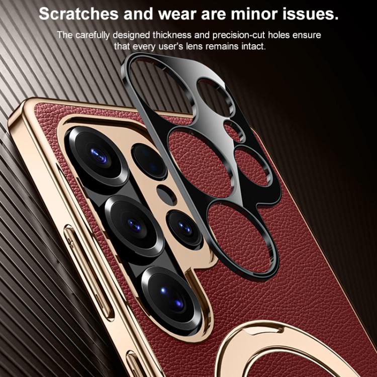 For Samsung Galaxy S23 Ultra 5G Plain Leather MagSafe Holder Phone Case