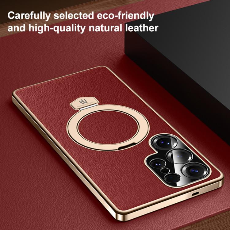 For Samsung Galaxy S23 Ultra 5G Plain Leather MagSafe Holder Phone Case
