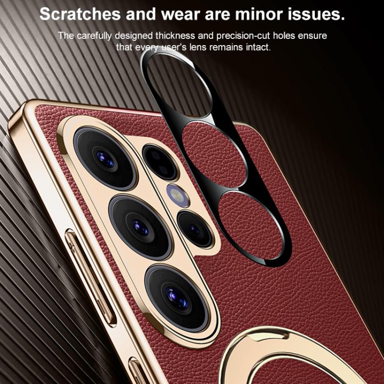 For Samsung Galaxy S26 Ultra 5G Plain Leather MagSafe Holder Phone Case