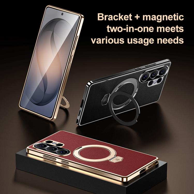 For Samsung Galaxy S26 Ultra 5G Plain Leather MagSafe Holder Phone Case