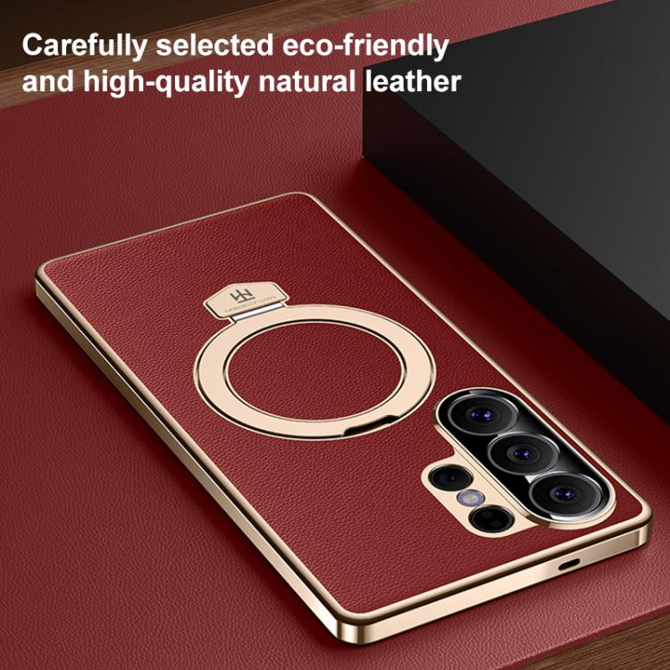 For Samsung Galaxy S26 Ultra 5G Plain Leather MagSafe Holder Phone Case