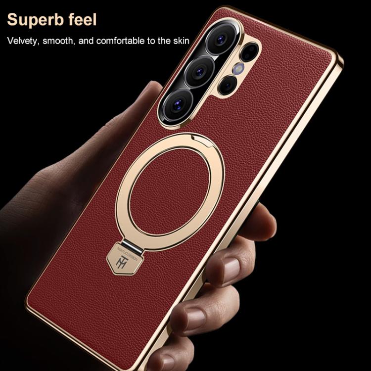 For Samsung Galaxy S26 Ultra 5G Plain Leather MagSafe Holder Phone Case