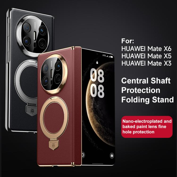 For Huawei Mate X3 Folding Shaft Plain Leather MagSafe Holder Phone Case