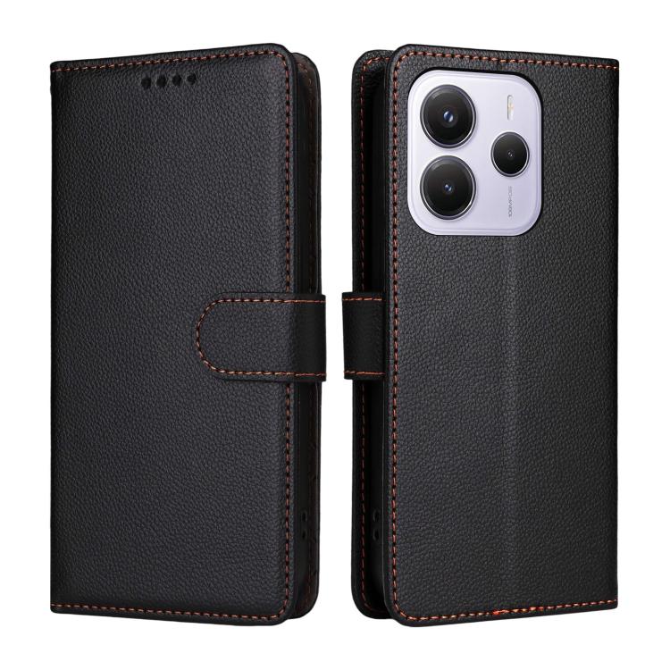 For Redmi Note 14 4G Global 164.84mm Litchi Texture RFID Blocking 3-Card Wallet Leather Phone Case