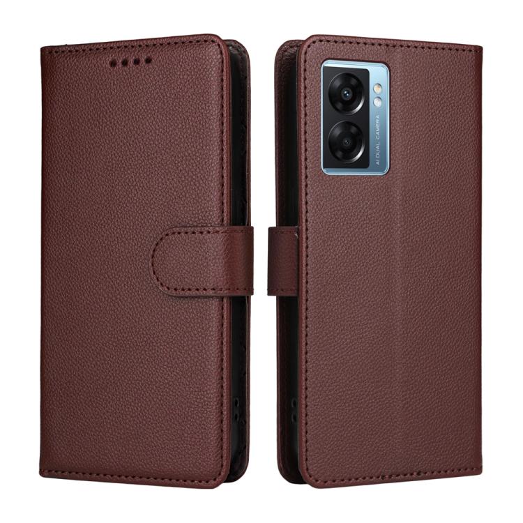 For OPPO A57 5G / A77 5G / K10 5G India Litchi Texture RFID Blocking 3-Card Wallet Leather Phone Case