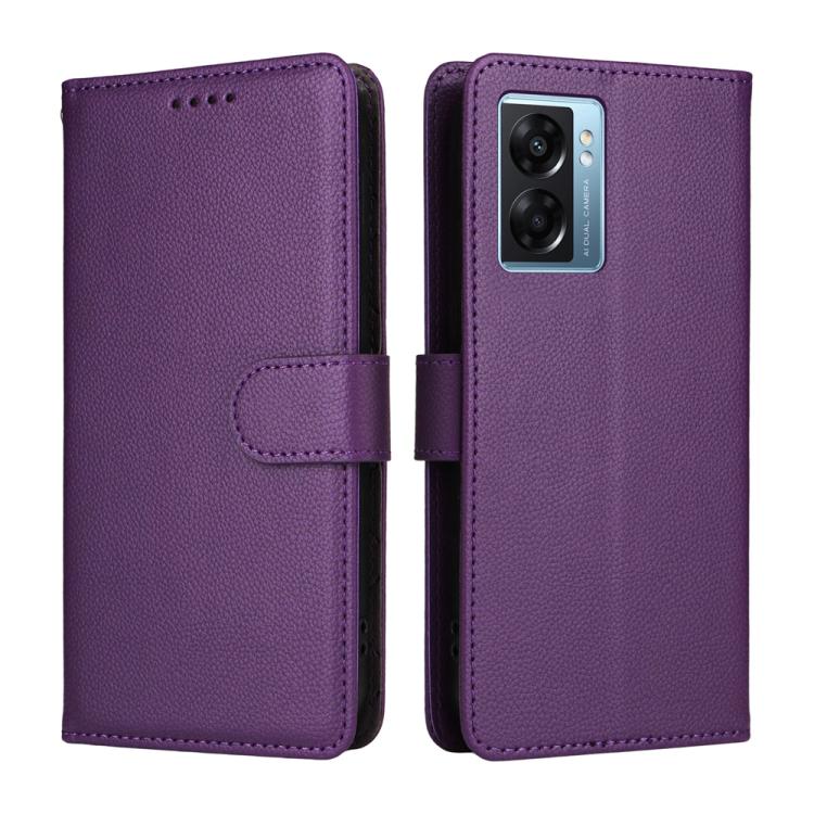 For OPPO A57 5G / A77 5G / K10 5G India Litchi Texture RFID Blocking 3-Card Wallet Leather Phone Case