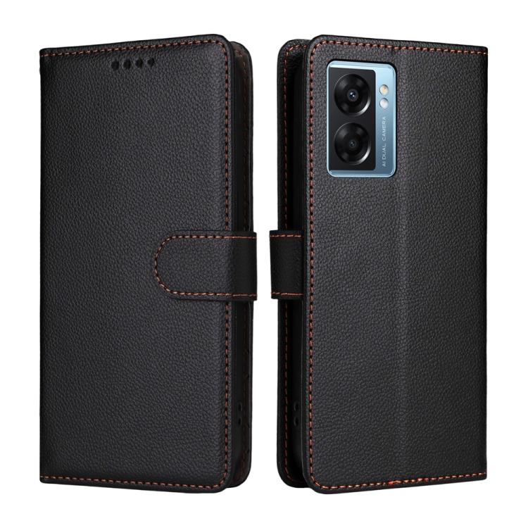 For OPPO A57 5G / A77 5G / K10 5G India Litchi Texture RFID Blocking 3-Card Wallet Leather Phone Case